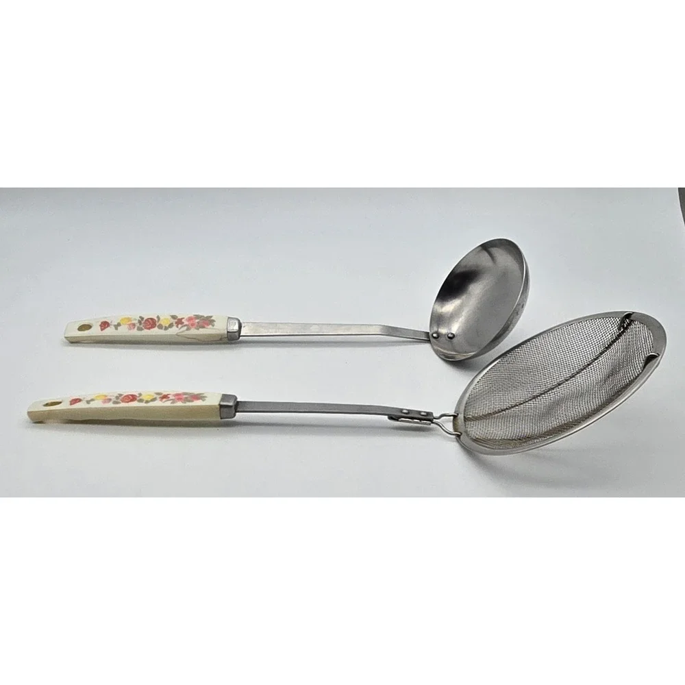 Vintage‎ Japan Stainless Floral Handle Kitchen Utensils Set Ladle Strainer